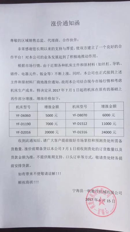 數控雕銑機和高速龍門銑漲價通知！